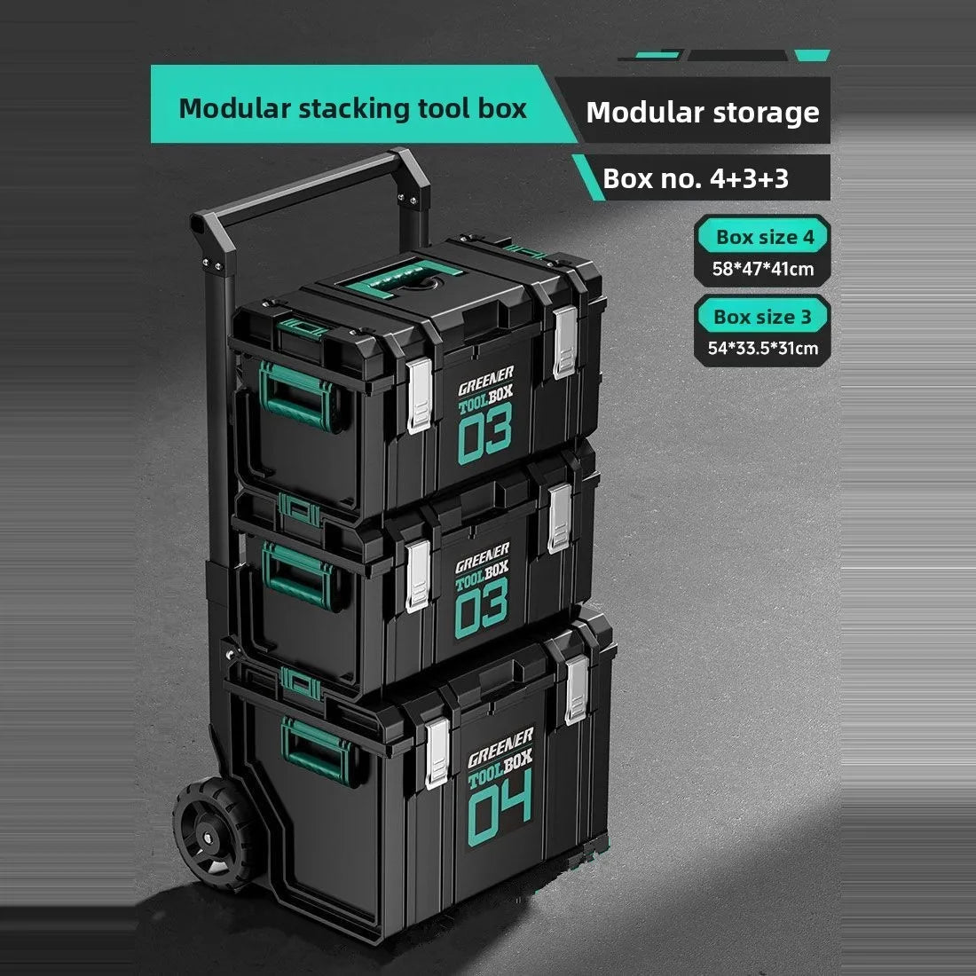 boîte outils modulaire noire verte pratique robuste poignées roulettes empilable grande capacité
