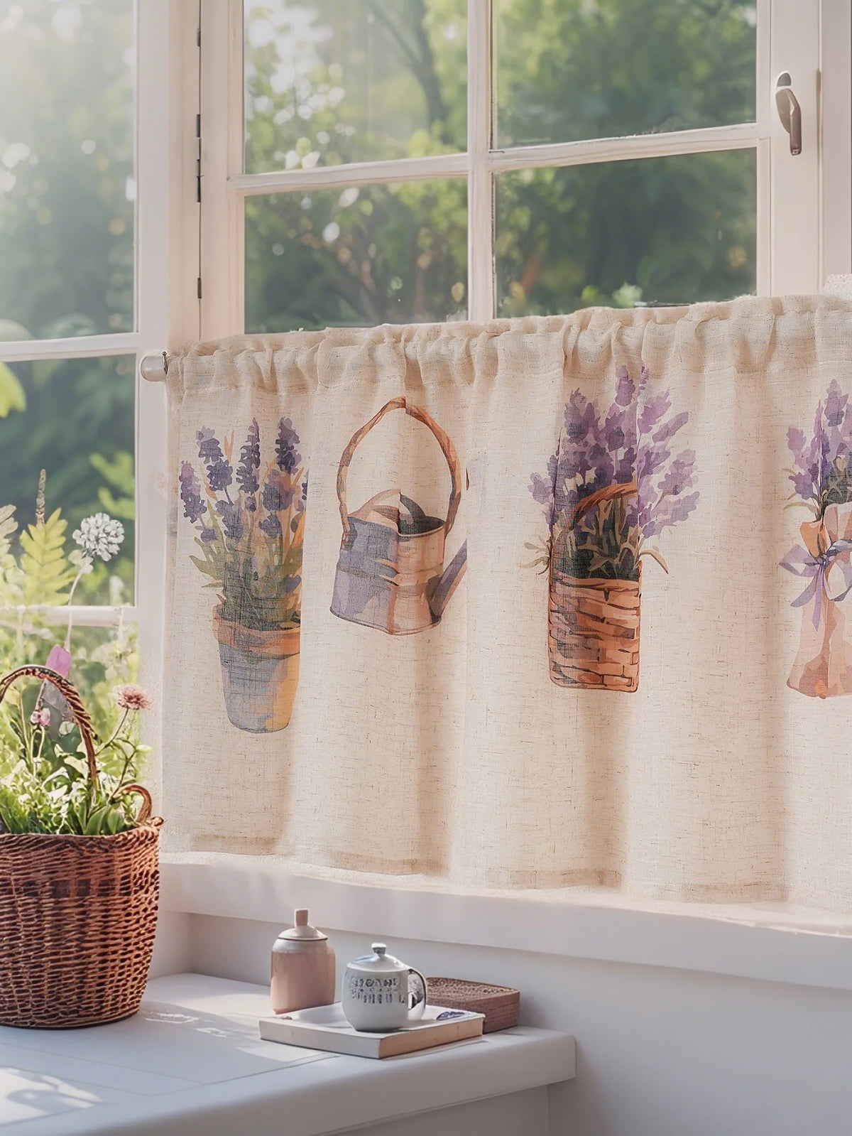 rideau fenêtre beige clair fleurs lavande paniers tissu léger opacité décoratif rustique anneaux métalliques