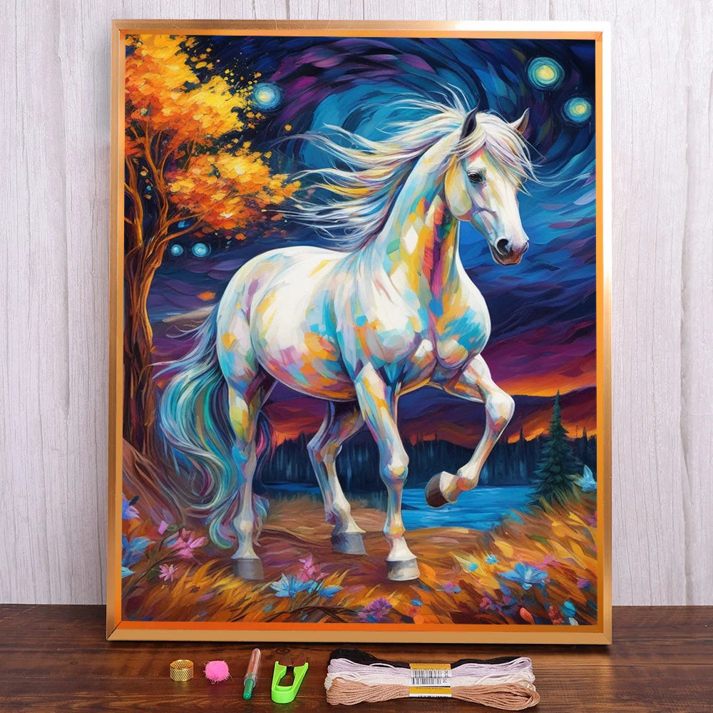 tableau broderie cheval nuit paysage moderne aiguilles rubans guide fil coton contemporain travaux manuels
