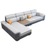canapé d'angle moderne gris clair gris foncé beige noir tissu rayures géométrique coussins