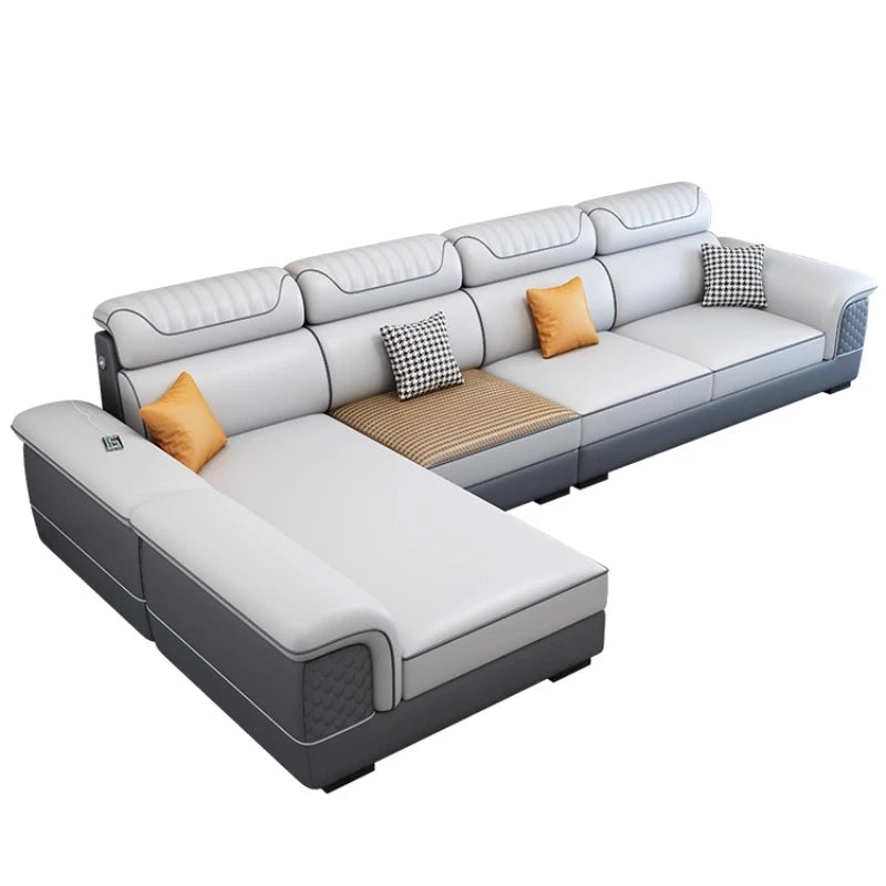canapé d'angle moderne gris clair gris foncé beige noir tissu rayures géométrique coussins