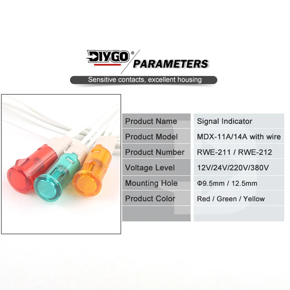 signal indicateur rouge vert jaune transparent moderne câble blanc 12V 220V 24VDC