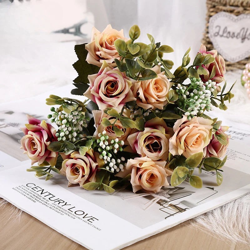 fleurs artificielles bouquet rose blancs bleus vertes mariage romantique intérieur extérieur