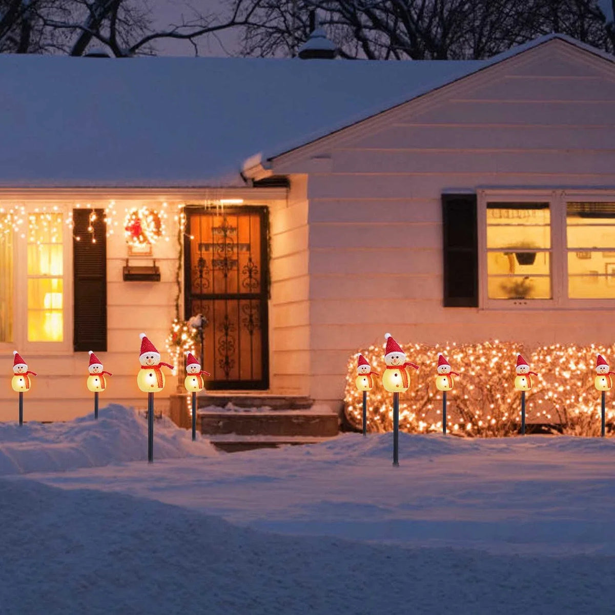 décoration noël bonhommes neige lumineux piquet glitter blanc vert jaune rose festiveextérieur jardin