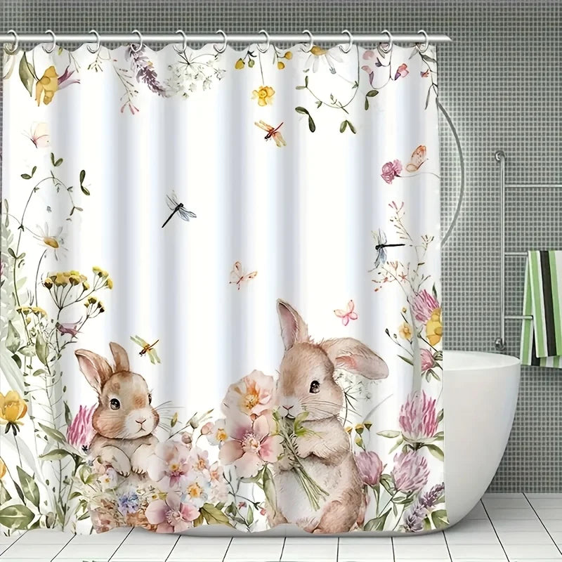 rideau douche moderne fleurs papillons lapins couleurs variées blanc rose opacité 12 crochets