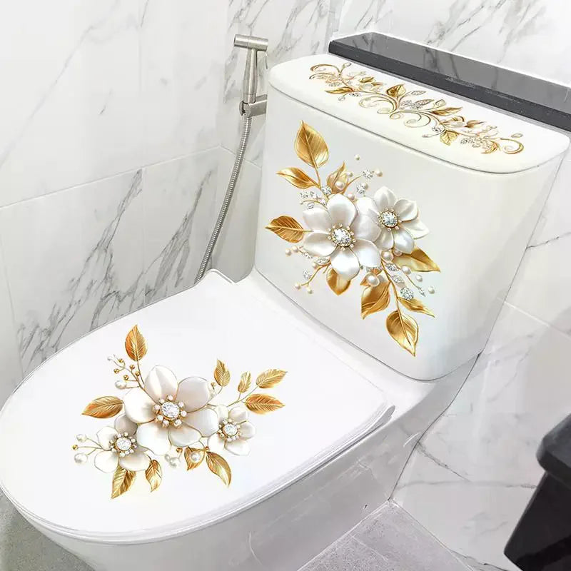 stickers decoratifs toilettes fleurs dorées brillantes luxe floral chambre