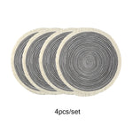 tapis rond moderne franges blanches placemats tissés beige clair assiettes vaisselle