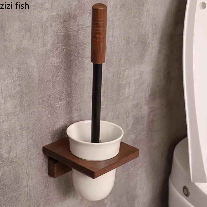 porte brosses toilette moderne céramique bois blanc marron support mural fixations minimalistes réceptacle brosses