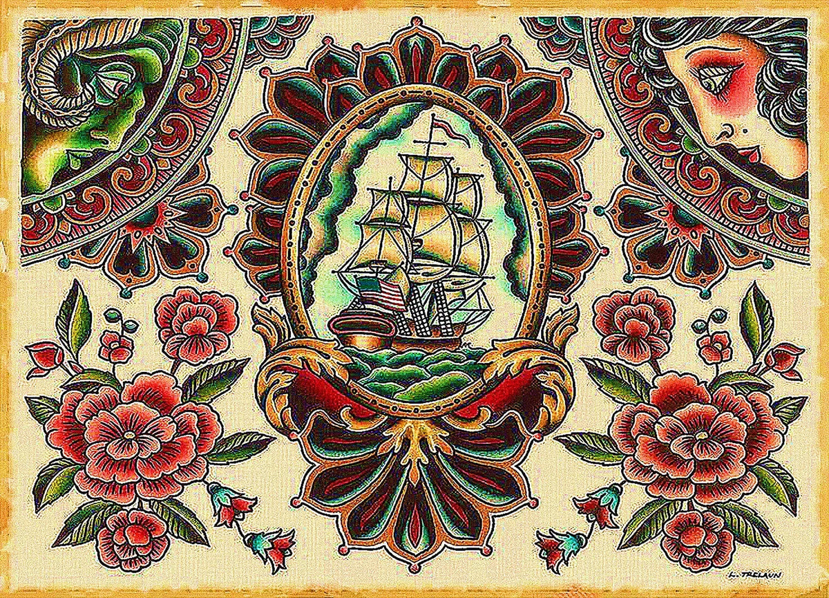 sticker autocollant tatouage vintage motifs traditionnels fleurs animaux symboles rouge noir beige blanc bleu
