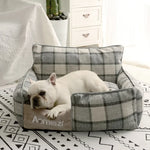 lit chien matelas double épaisseur tissu doux motif carreaux gris beige confortable lavable