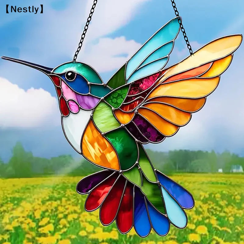 colibri bleu vert oiseau artisanal décoration suspendue chaîne métallique transparent stained glass mosaïque