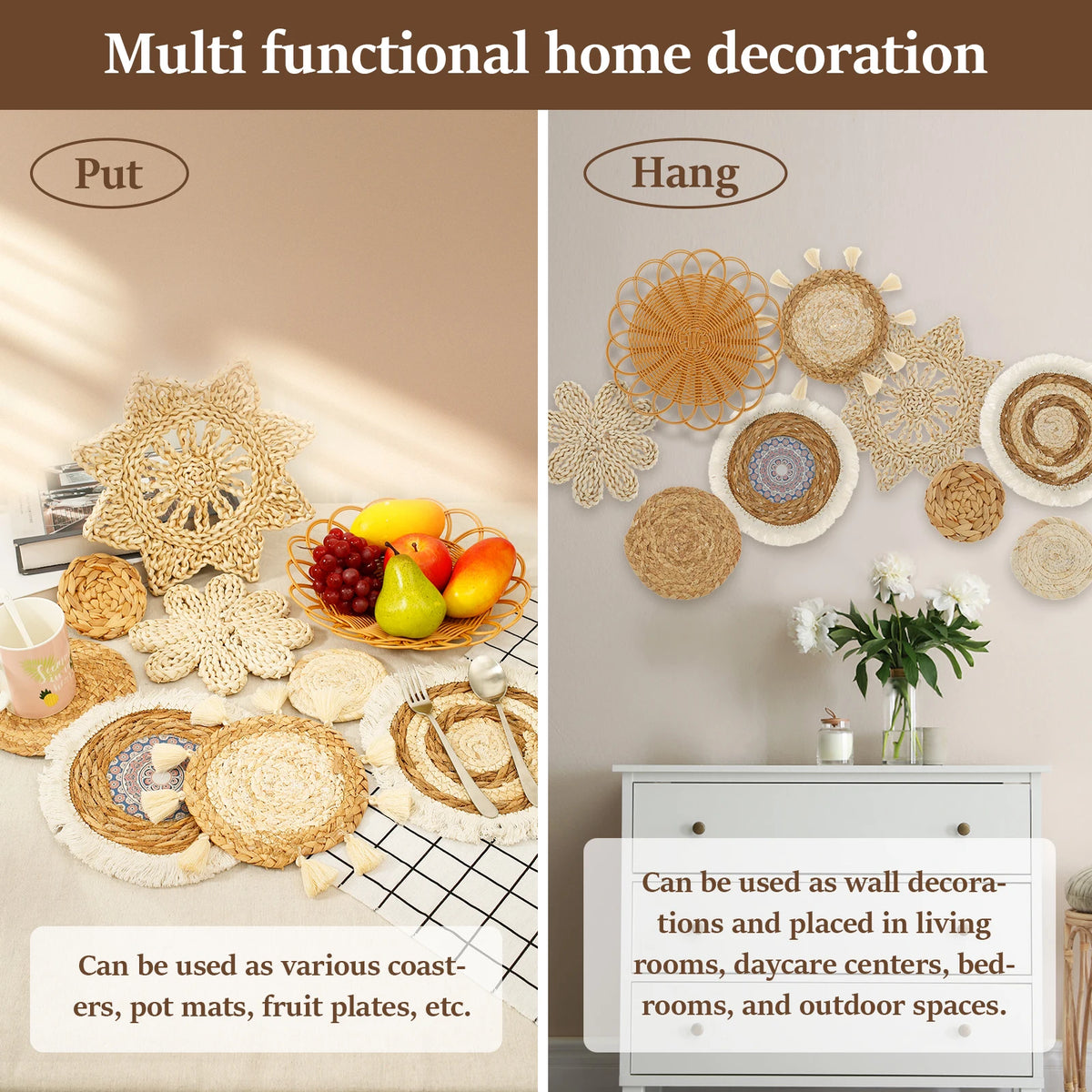 paniers décoratifs boho mur naturel spirales rayures géométriques chambre salon