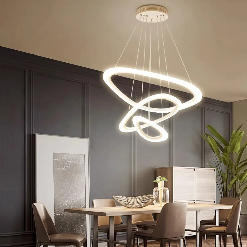 suspension lumineuse moderne trois cercles blanc doré vert foncé télécommande inclusion chambre salon