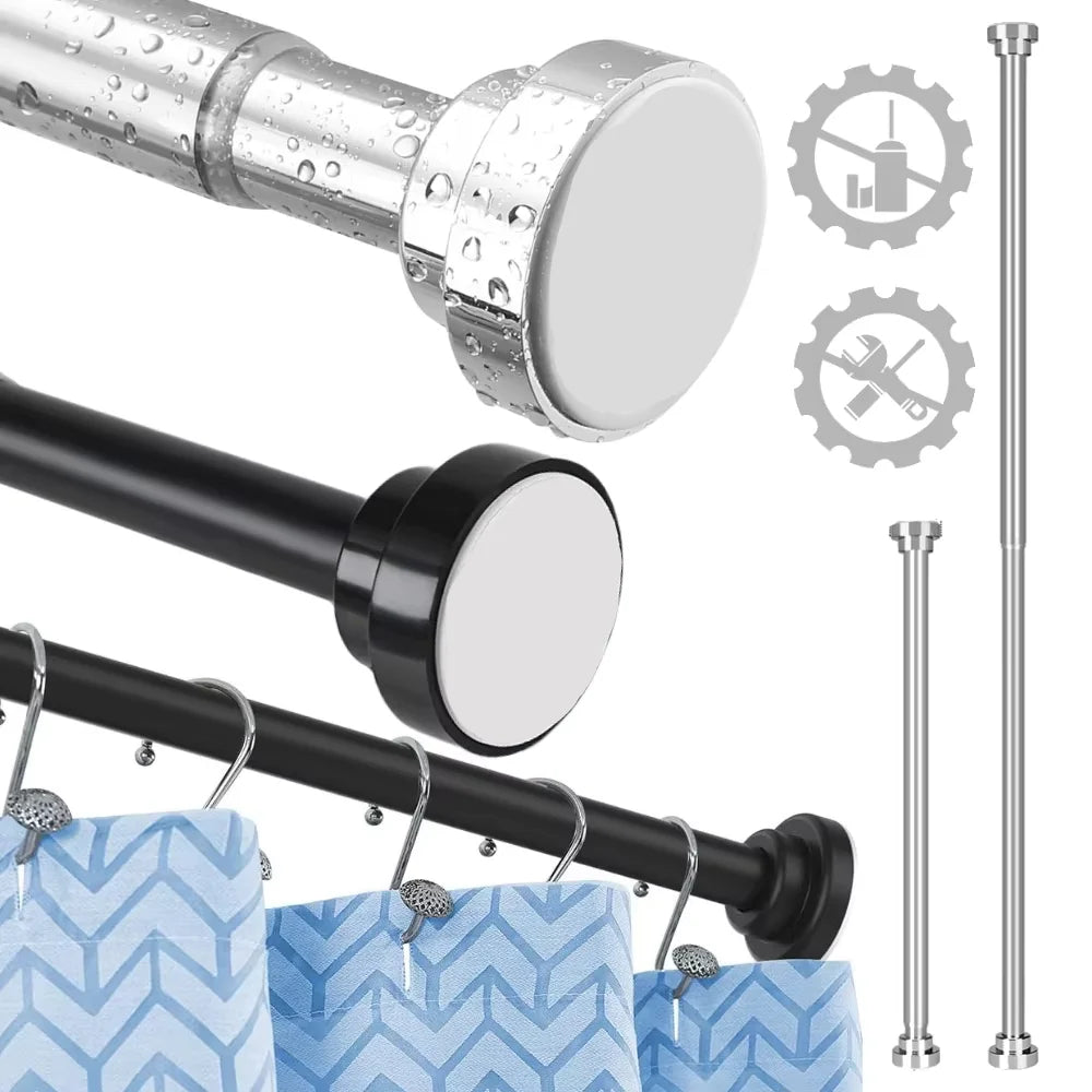 Tringle à rideau télescopique sans perçage chromée installée dans une salle de bains moderne