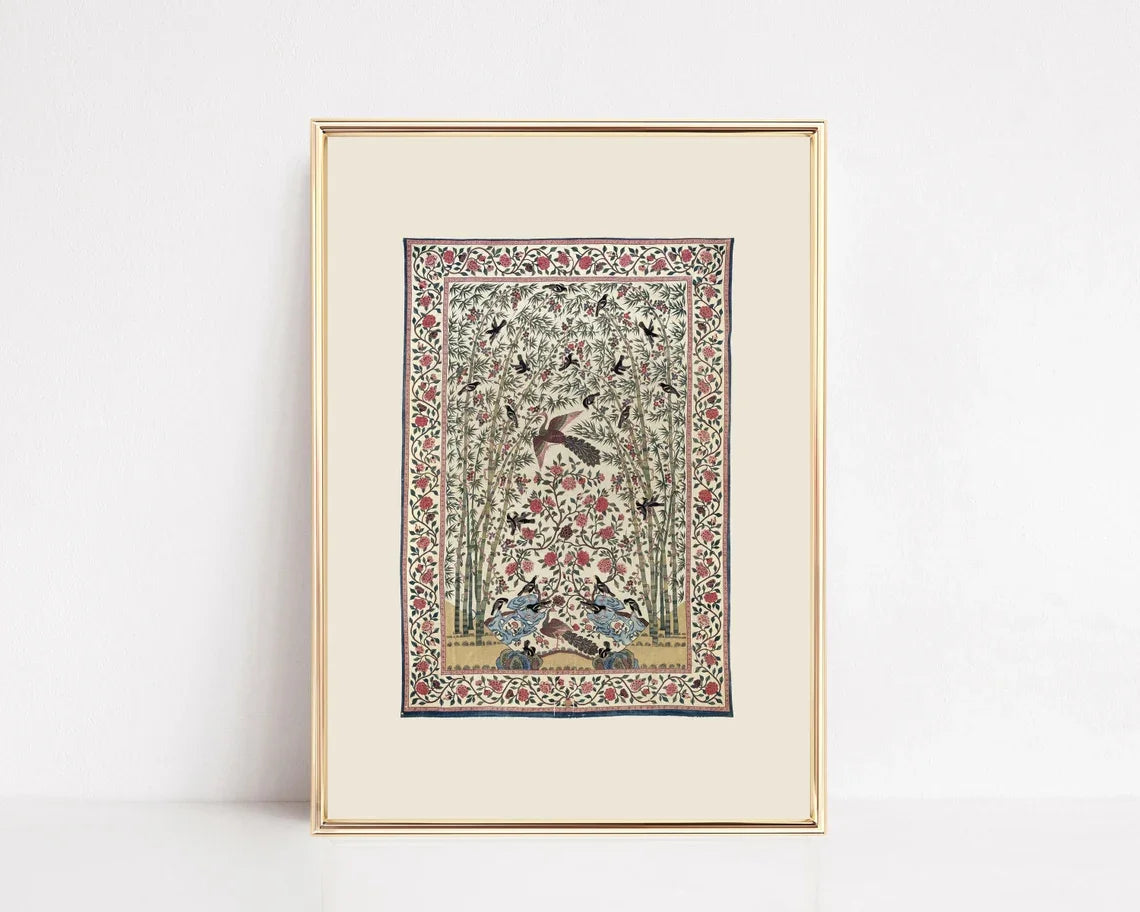 affiche encadrée illustration florale oiseaux vintage beige marron cadres bois chambre salon decoration