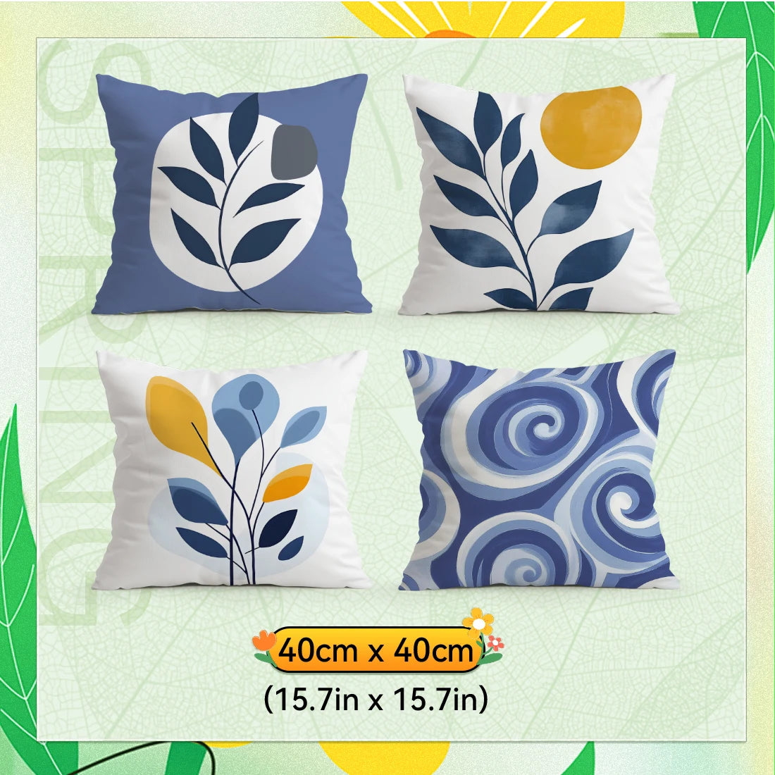 housse coussin géométrique bleu feuilles stylisées moderne 45cm 45cm zip invisible polyester maison