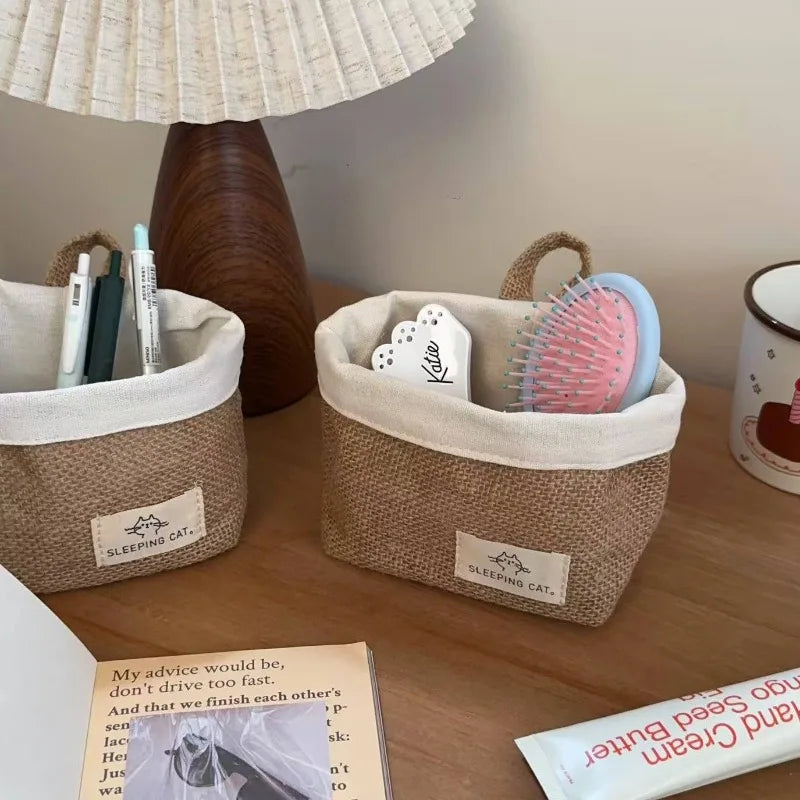 panier toile jute motif chat blanc beige rustique rangement décoration