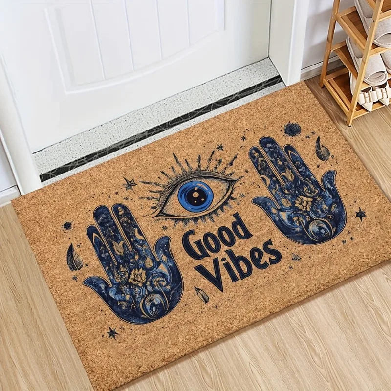 paillasson spiritualité motif mains fatima antidérapant intérieur extérieur beige bleu doré polyester