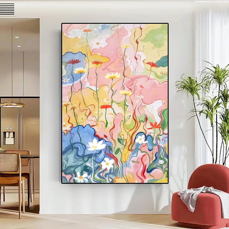 tableaux modernes abstraits fleurs stylisées couleurs vives rose bleu jaune vert cadre tissu