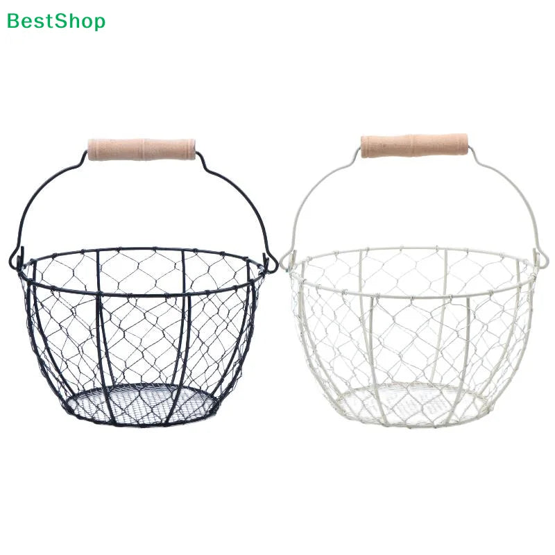 panier filet métallique noir blanc vintage rustique poignées bois fruits légumes rangement cuisine pique
