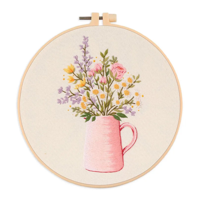 broderie fleur artisanale kit diy tissu coton couleurs vives instructions françaises anneaux bois