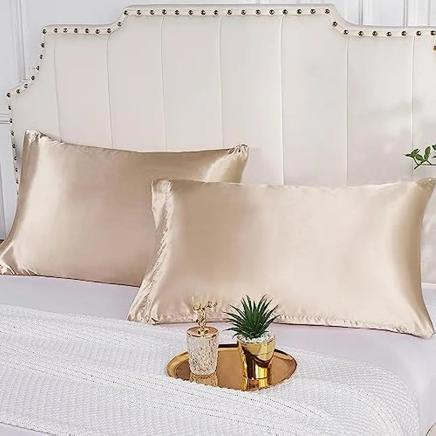 taies d'oreiller satinées polyester élégantes beige fixées cheveux peau respectueuses paires incluses