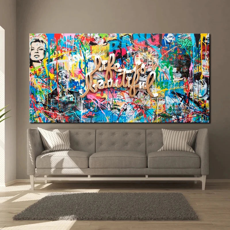 impression toile graffiti abstraite art urbain contemporain texturée couleur vives décoration murale chambre salon