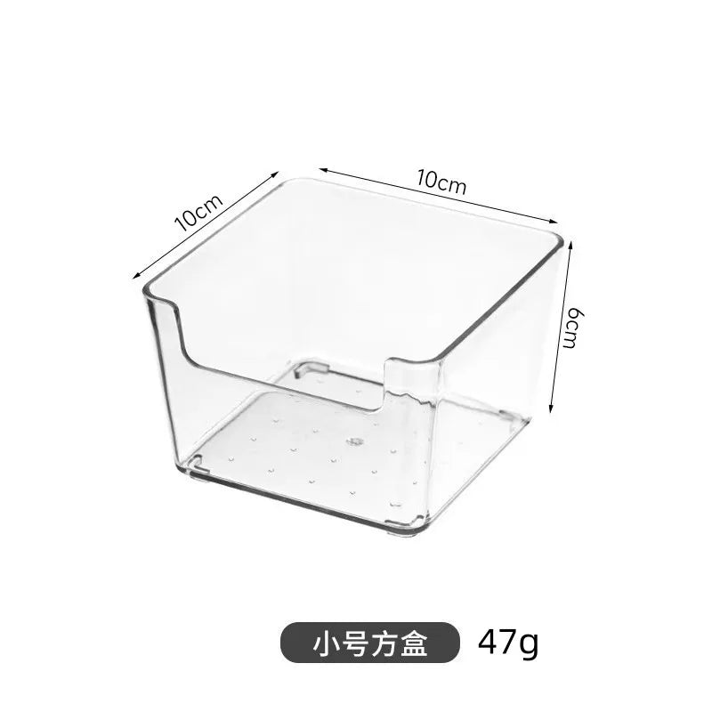 boîtes rangement transparentes modernes minimalistes poignées papeterie organisation étudiants cosmétiques articles divers collations