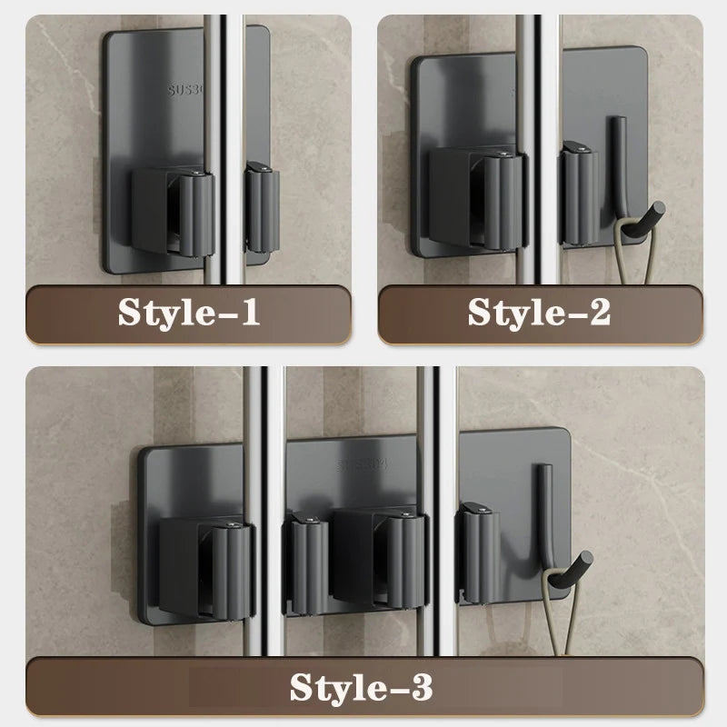 porte balais porte couverts adhésif mur noir gris moderne rangement cuisine salle bain