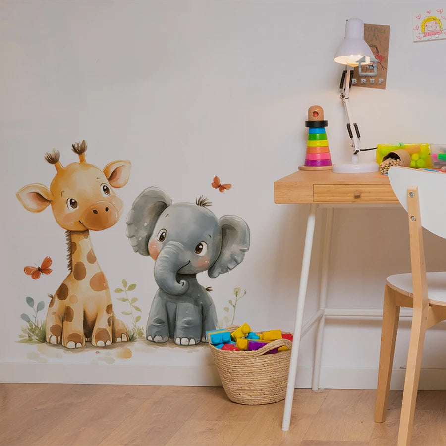 sticker mural animal girafe éléphant papillon feuille enfant chambre décoration intérieure imperméable autocollant