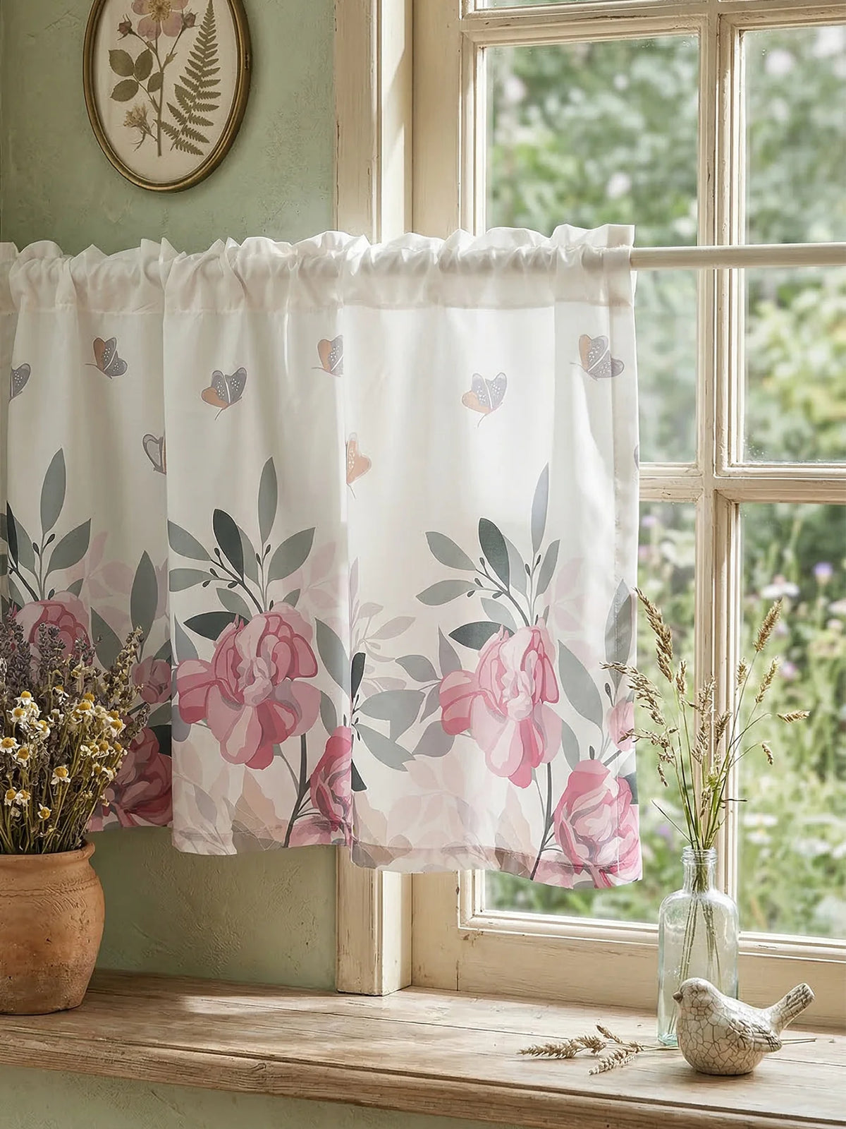 rideau imprimé floral blanc rose gris vert classique romantique bordure décorative polyester cuisine chambre