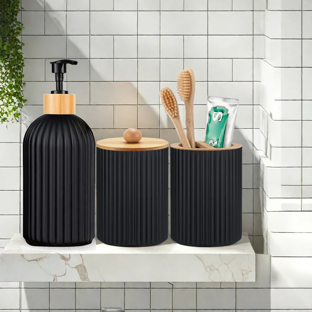 ensemble produits salle bain moderne flacon savon pot coton tige pot brosse dents brosse