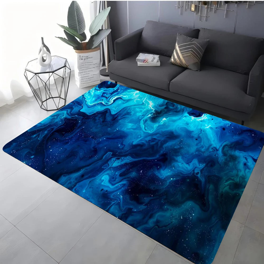 tapis moderne abstrait bleu marbré antidérapant salon chambre prièreextérieur commercialisation