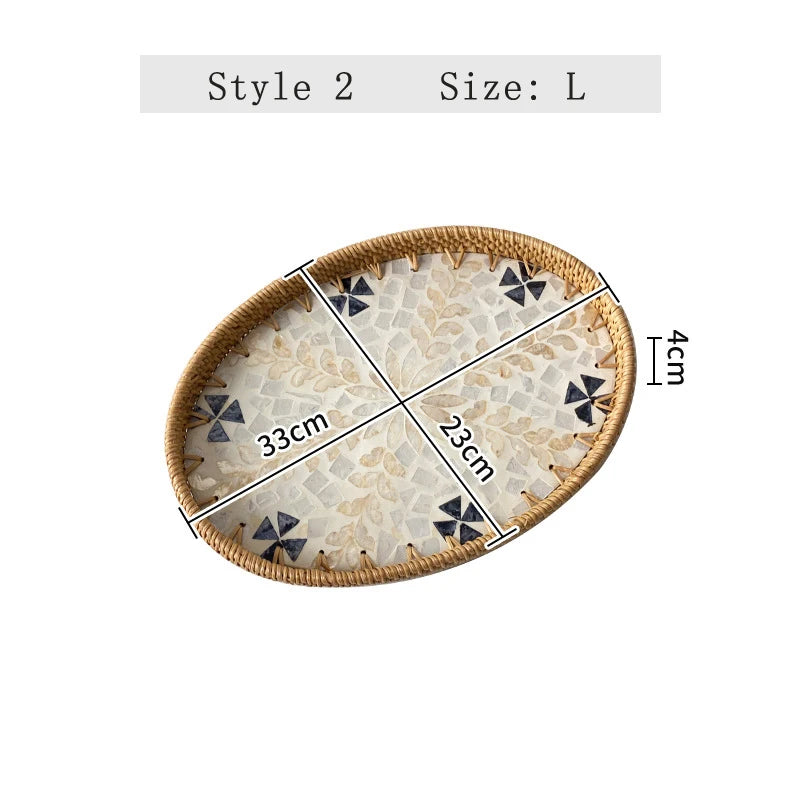assiettes ovales rotin mosaïque coquillages boho rustique multicolore thé collations