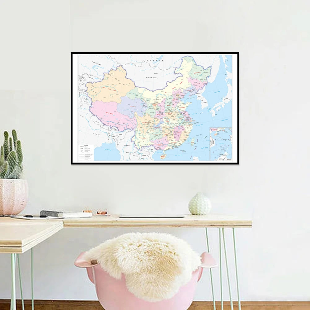 carte géographique chinoise regions colorées etiquettes villes cartographique cadre noir 594x420mm