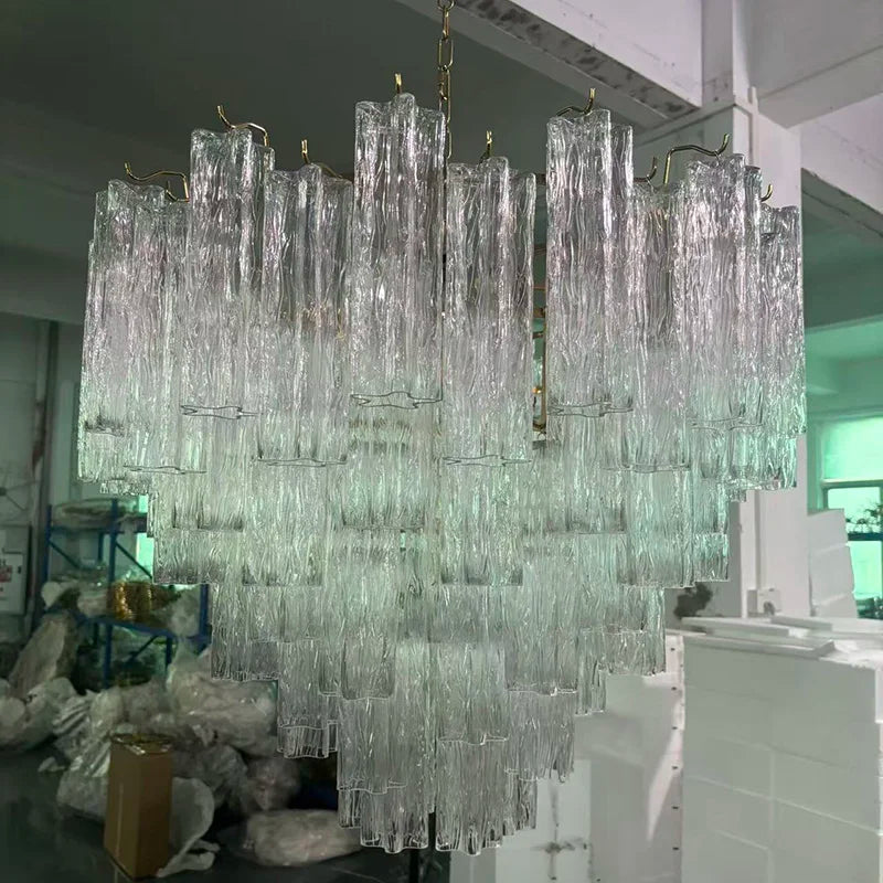 Suspension lumineuse moderne verre strié blanc rose vert neutre lumière chambre salon