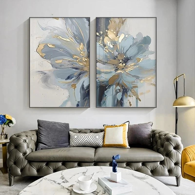 tableaux decoratifs abstraits florals bleu doré moderne salon chambre