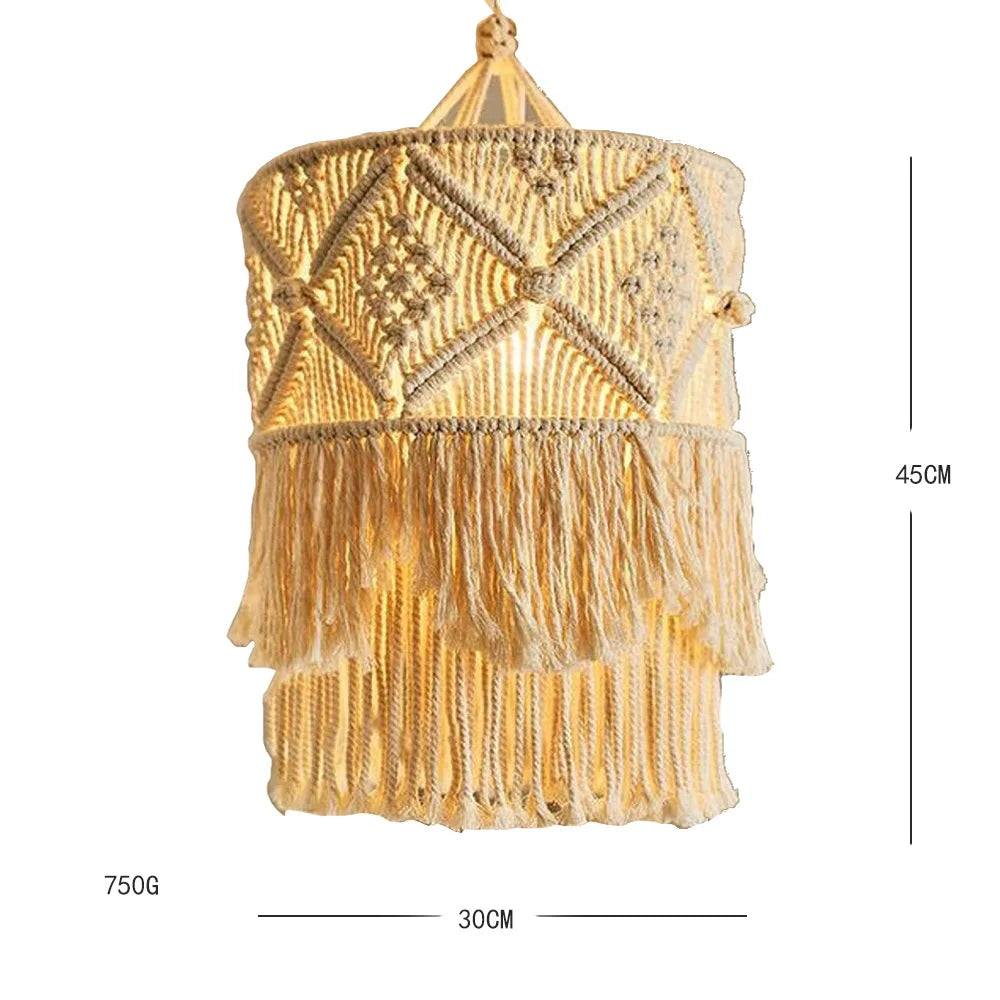 lampe suspendue macramé boho franges coton main beige clair décorative artisanale
