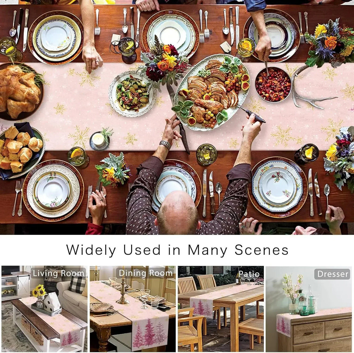 Scène de table festive débordante de plats, d'assiettes ornées et de décorations florales, illustrant l'utilisation polyvalente de ces éléments dans divers environnements intérieurs et extérieurs.