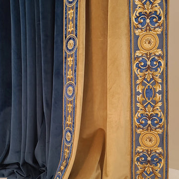rideaux bleu marine broderie dorée fleurs velours classique élégant salon chambre fenêtre maison