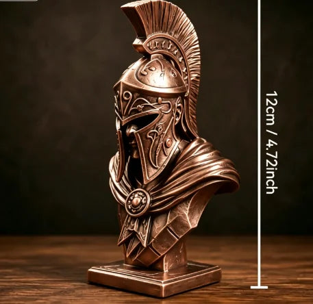 statue buste guerrier spartiate cuivre argent antique détails métalliques sculpture tête casque hoplite décoration