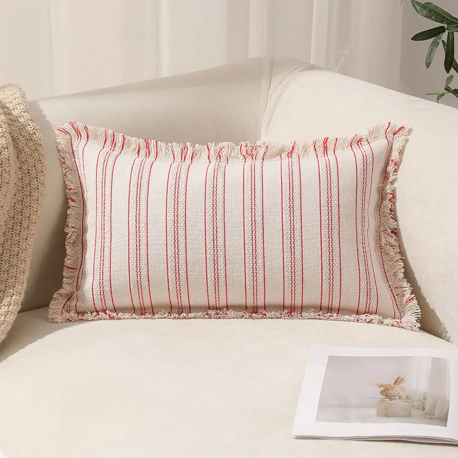housse coussin boho chic rayé beige blanc rustique zipper 30x50cm