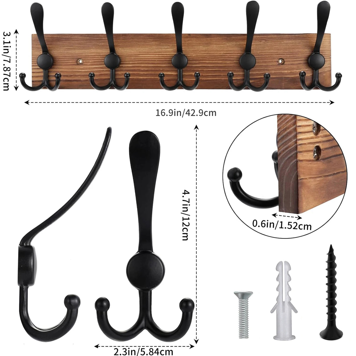 porte sacs vêtements mural bois brun clair noir crochets vis moderne fonctionnel