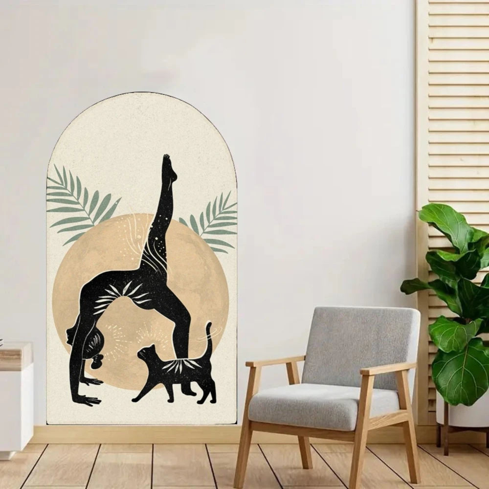 panneau mural contemporain yoga silhouettes floraux adhésif bleu orange jaune vert noir blanc chambre
