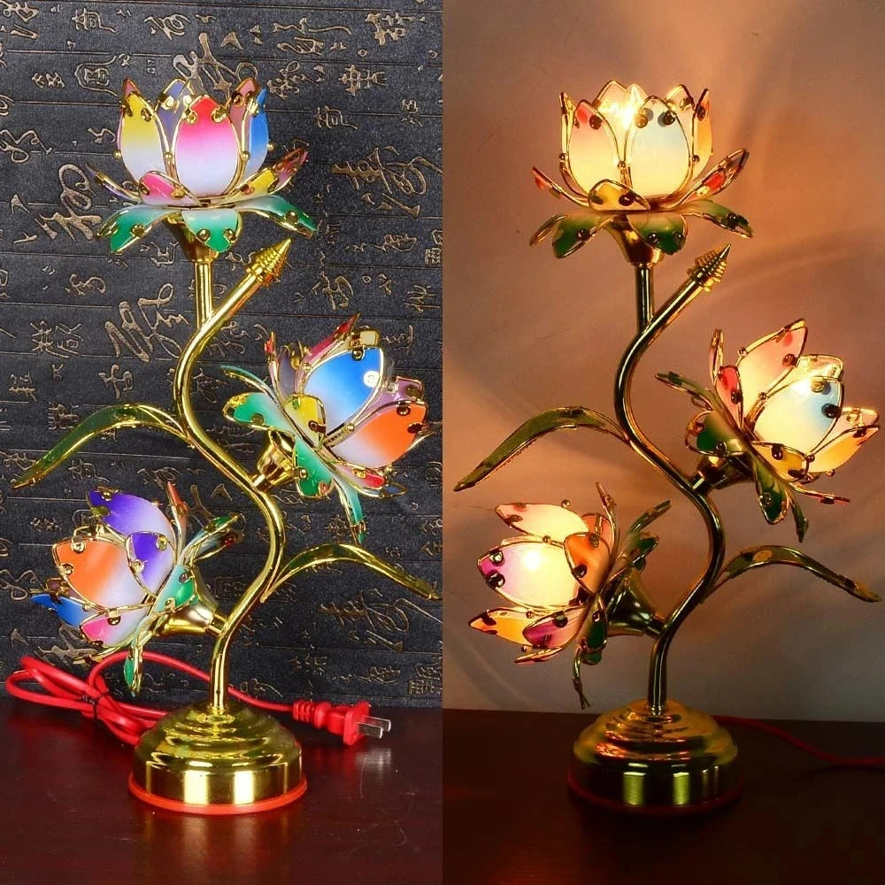 lampe table art nouveau fleurs multicolores pétales translucides base dorée métal décoration intérieure moderne