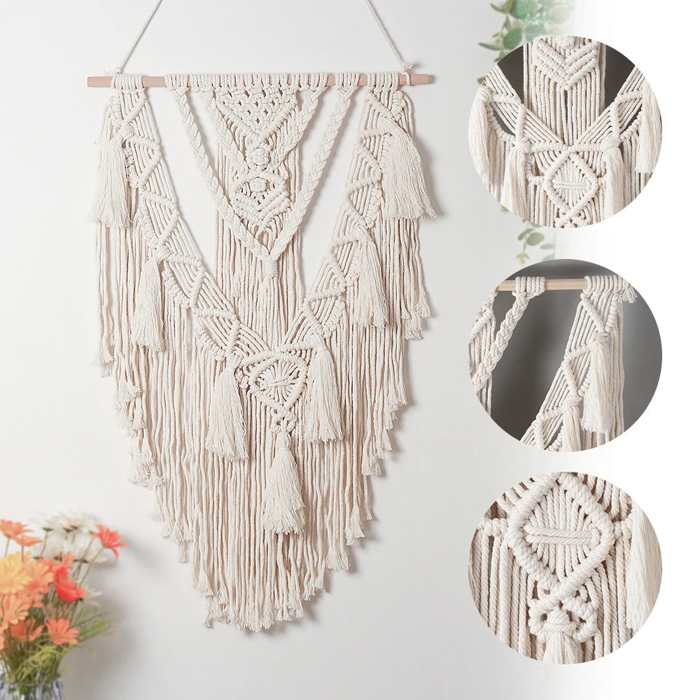 décoration murale boho chic macramé franges beige clair tissu main fixations crochets