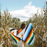 tapis multicolore aztèque triangles losanges franges ethnique portable pique nique voyage maison