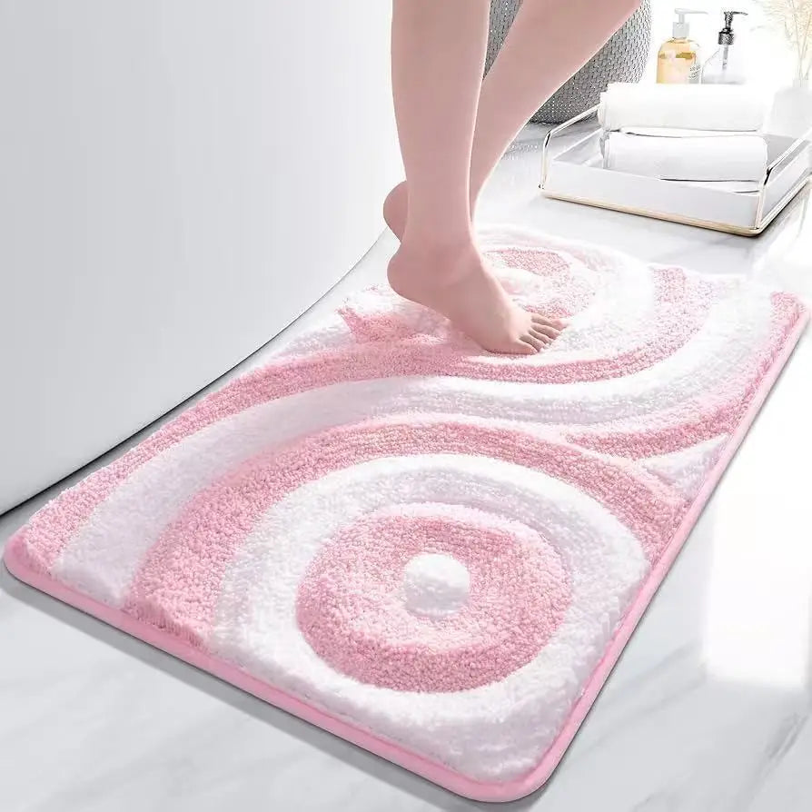 tapis bain antidérapant polyester spirales concentriques rose moderne salle bain cuisine