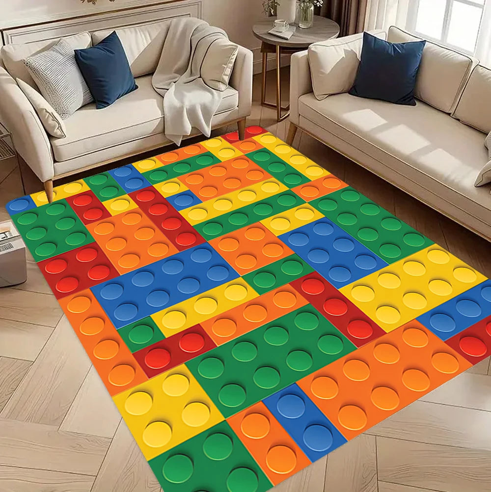 tapis moderne motif lego blocs colorés polypropylène rouge vert bleu chambre salon durable