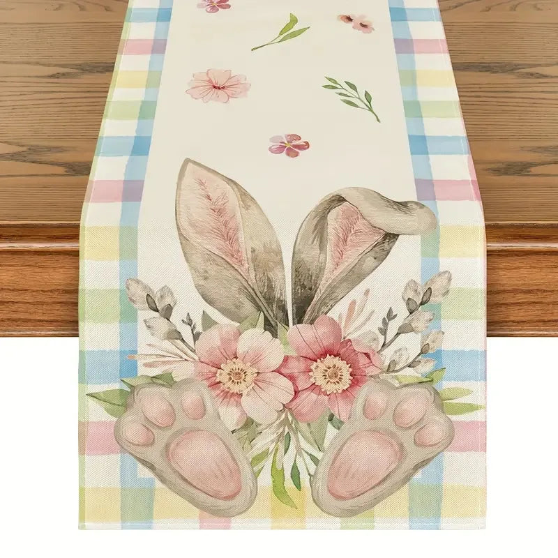 chemin table pâques lapins fleurs printemps jaune rose verte bleue pastorale imperméable polyester rectangle